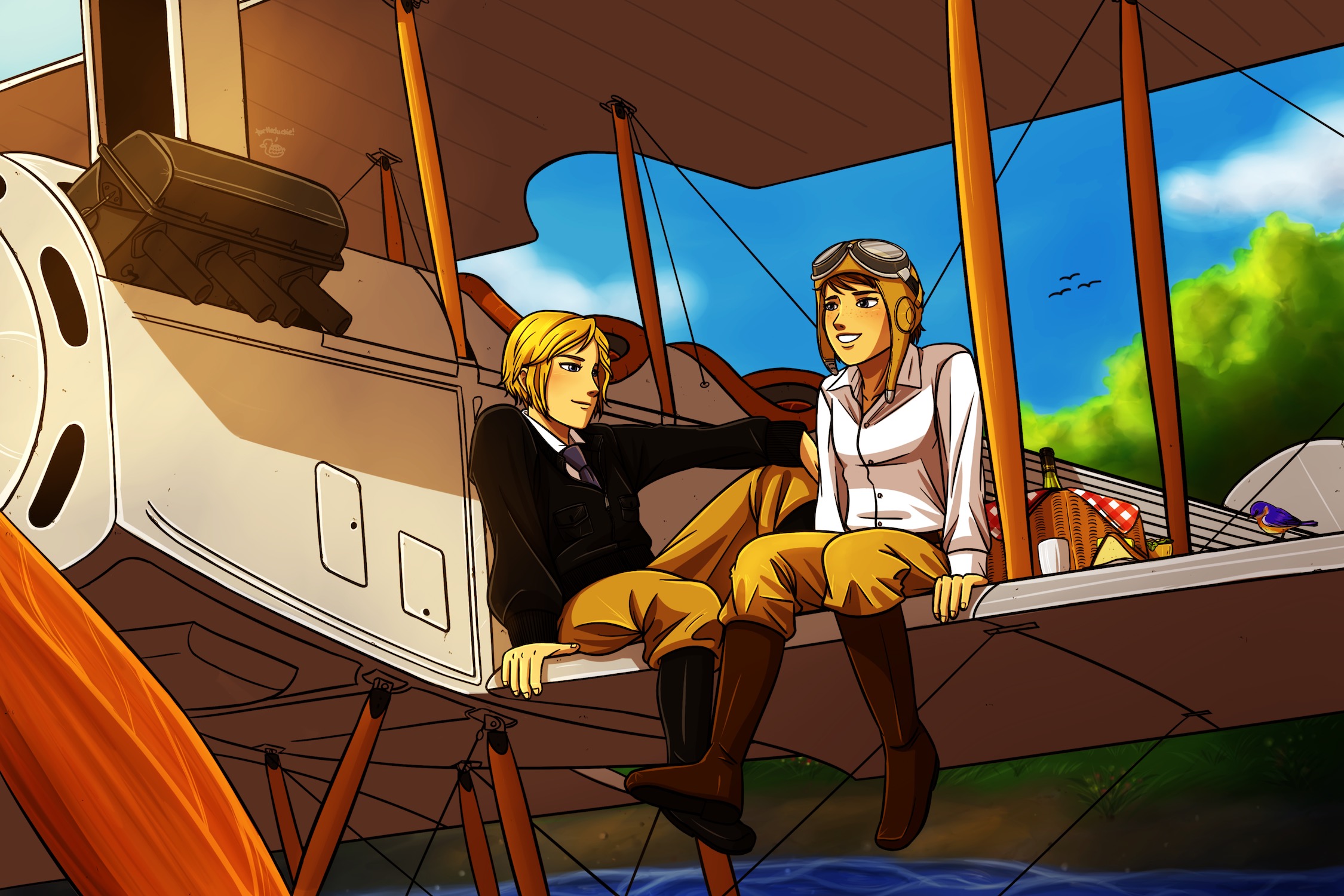 Max and Chloe picnic on a wing