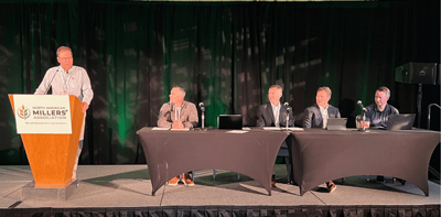 Soft Wheat Forecast panelists from left: Carl Schwinke, Siemer Milling; Jay McAllister, Mennel Milling; Andrew Rutter, Bartlett Milling; Mark Rossol, The Andersons; and Sam Doering, Ardent Mills.