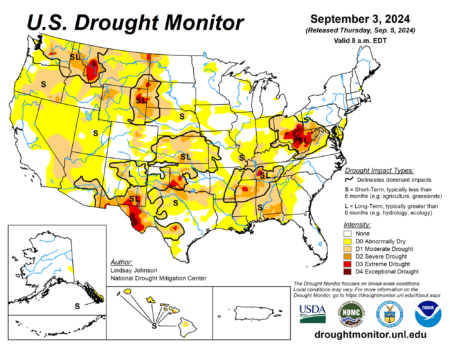 The U.S. Drought Monitor is jointly produced by the National Drought Mitigation Center at the University of Nebraska-Lincoln, the United States Department of Agriculture, and the National Oceanic and Atmospheric Administration. Map courtesy of NDMC.