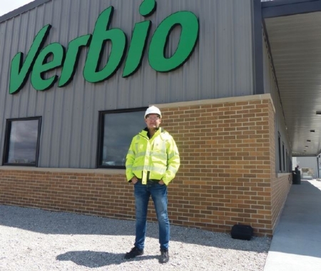 Verbio CEO Claus Sauter outside the main office of the RNG-ethanol plant in Nevada, IA.
