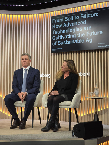 Syngenta Group CEO Jeff Rowe discusses the key trends in AI set to revolutionize agriculture with Salesforce Executive Vice President and Chief Impact Officer Suzanne DiBianca in Davos. (Photo: Business Wire)