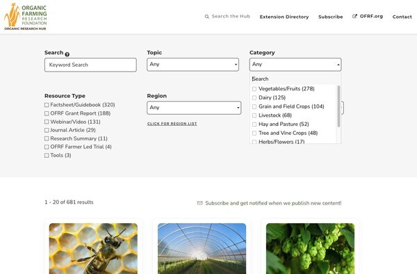 Search the Organic Research Hub by keyword, production topic, crop type, region, date, or resource type.