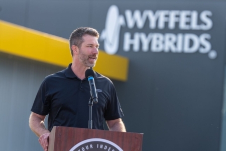 Company President John Wyffels speaks during a ribbon cutting in July for the new Ames, IA site. (Wyffels photos)