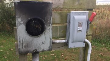 Lightning damage to electrical supplies, like this blown out meter socket, presents a need for immediate repair and the risk of downline damage of equipment. (Photo by Lyndon Kelley, MSU Extension)