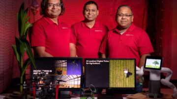 Iowa State engineers and leaders of the university's Translational AI Center, left to right, Baskar Ganapathysubramanian, Adarsh Krishnamurthy and Soumik Sarkar are developing "digital twins" as powerful research tools. (Photos by Christopher Gannon)