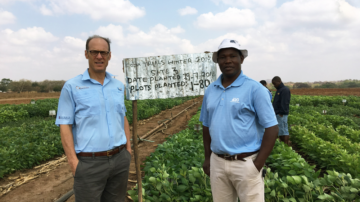 Peter Goldsmith (left) and Dennis Banda in Malawi at a site participating in the Soybean Innovation Lab’s Pan African Soybean Trials.
