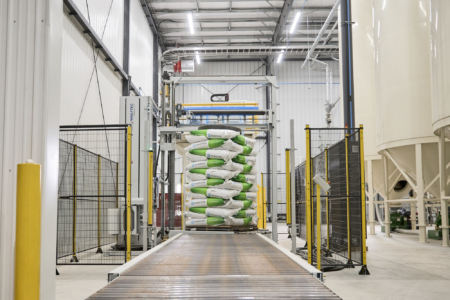 Seed bags being wrapped on the packaging line.