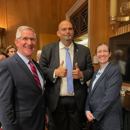 Left to right: Secretary Russell Redding, Subcommittee on Food and Nutrition, Specialty Crops, Organics, and Research Chair Senator John Fetterman (D-Pa.) and Penn State College of Health and Human Development Department Head Dr. Meg Bruening.