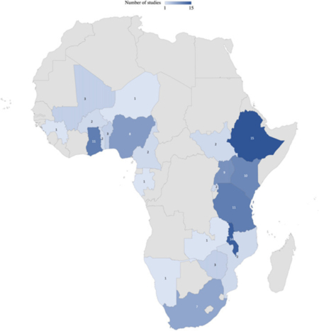 The map of Africa highlights countries that were the primary focus of one or more legume seed system studies in the systematic review, with the numbers denoting the number of studies for each respective country. Regional studies, encompassing more than one country (n = 18), are excluded from this representation. Countries without any focus in this review are shaded in gray. (Image courtesy Caitlin Breen et al.)