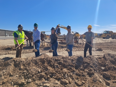 Pictured at the groundbreaking ceremony are (from left to right): Alex Arrington, Project Superintendent with Starr Corporation; Christopher Uhlig, Chief Executive Officer with Ceres Greenhouse Solutions; Breanne Stowell, Senior Kimberly Station Manager with KWS Seeds; Chuck Vawser, Kimberly Station Manager with KWS Seeds; Marc Plinke, Owner and Founder of Ceres Greenhouse Solutions; and Michael Arrington, President of Starr Corporation, seated on horse buggy.