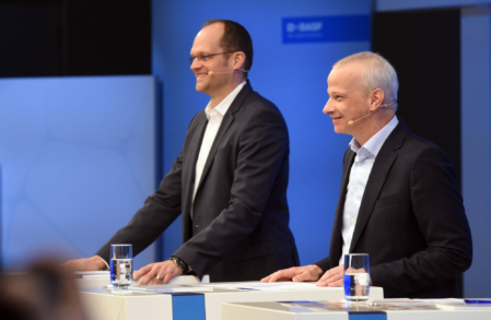 Annual Press Conference for the full year 2024, Dr. Dirk Elvermann, Chief Financial Officer (left), Dr. Markus Kamieth, Chairman of the Board of Executive Directors (right). (BASF SE)