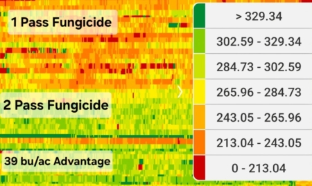 Barnes encouraged an Indiana farmer to trial a two-pass fungicide program. He says the addition of the early pass yielded a 39 bushel per acre advantage.