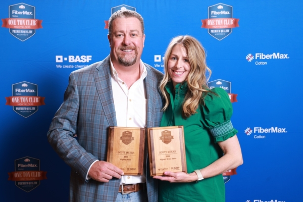 Scott and Jodi Meeks of Dalhart, Texas, were honored at the BASF FiberMax One Ton Club banquet for achieving the highest yield of FiberMax cotton in 2024 with 3,012 pounds of cotton per acre.