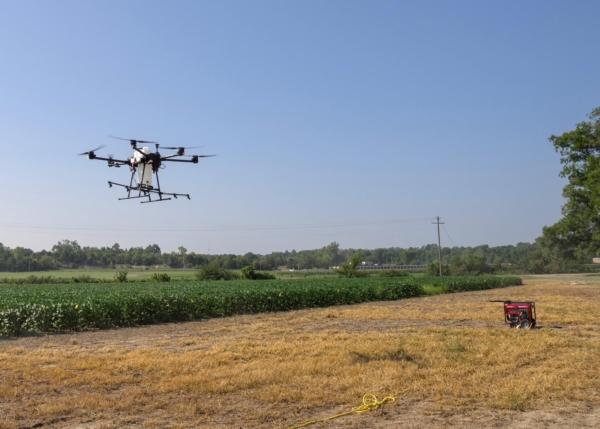 UAVs are being equipped for agricultural tasks including weed, insect and disease control; cover crop seeding; and crop imaging. This drone was flown Aug. 6, 2024, on Mississippi State University’s North Farm. (Photo by MSU Extension Service/Kevin Hudson)