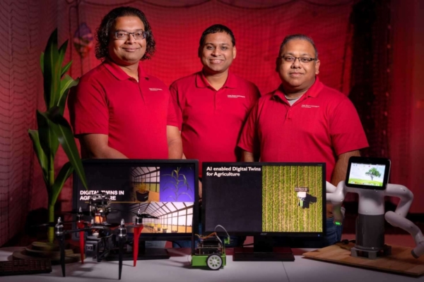 Iowa State engineers and leaders of the university's Translational AI Center, left to right, Baskar Ganapathysubramanian, Adarsh Krishnamurthy and Soumik Sarkar are developing "digital twins" as powerful research tools. (Photos by Christopher Gannon)