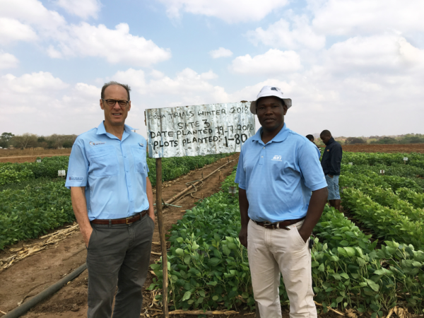 Peter Goldsmith (left) and Dennis Banda in Malawi at a site participating in the Soybean Innovation Lab’s Pan African Soybean Trials.