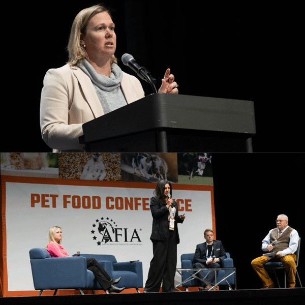 (Top) FDA’s Jenny Murphy provides a timely update on key regulatory issues impacting the pet food sector at the AFIA Pet Food Conference.
(Bottom) A forward-looking panel explores how artificial intelligence is shaping everything from recipe design to kibble production at the AFIA’s Pet Food Conference.
Image courtesy of IPPE.