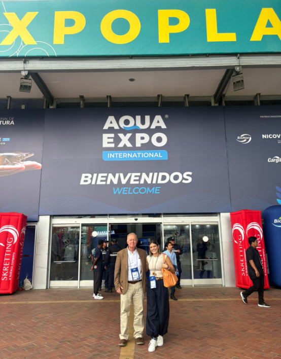 Last week, U.S. Grains & BioProducts Council (USGBC) Marketing Specialist Angelica Ríos (right) and USGBC Regional Consultant for Latin America Alejandro González (left) attended AquaExpo 2025 in Guayaquil, Ecuador. Image courtesy of USGBC.