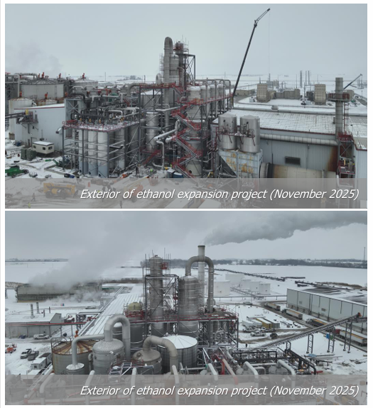 Exterior view of the One Earth Energy ethanol production expansion project in Gibson City, Ill., November 2025. The expansion will increase annual production capacity from 150 million gallons to 200 million gallons.