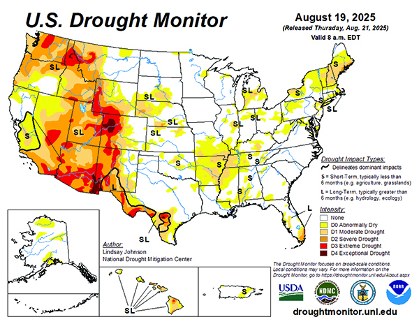 The U.S. Drought Monitor is jointly produced by the National Drought Mitigation Center at the University of Nebraska-Lincoln, the United States Department of Agriculture, and the National Oceanic and Atmospheric Administration. Map courtesy of NDMC.