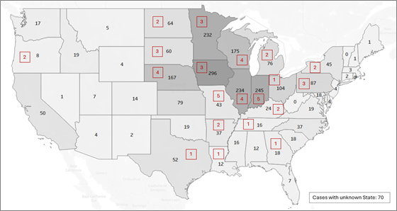 FIGURE 3. Geographic distribution of all agricultural confined space cases
for 2024 and previous years (n=2429).
