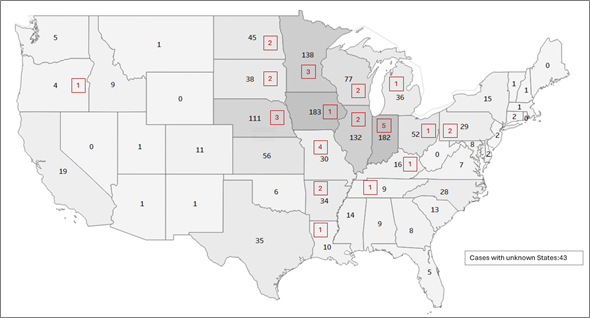 FIGURE 7. Geographic distribution of grain entrapment cases in 2024 and previous years (n=1430).