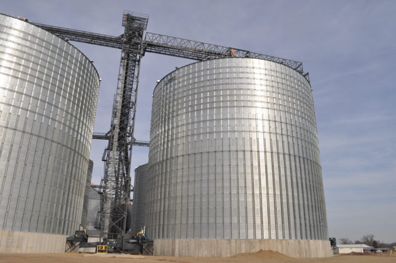 Ground-level closeup of the newest 750,000-bushel Behlen steel tank erected in 2020.
