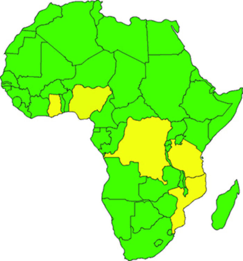 Nigeria, the Democratic Republic of Congo, Ghana, Tanzania, and Mozambique (all yellow) are some of the leading cassava-producing countries in Africa.