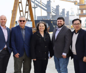 The USW North Asia Board Team pauses for a photo at the Pyeongtaek-Dangjin Port, a major international trade port located south of Seoul, South Korea. The Board Team is made up of wheat farmers from Kansas, North Dakota and Montana, along with USW Director of Communications Julia Debes. This part of the journey was hosted by USW Country Director in South Korea Channy Bae (second from right). Photo credit: U.S. Wheat Associates.