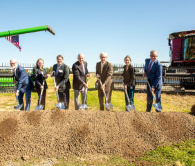 From left to right: U.S. Representative Derrick Van Orden (Wisconsin); Ambassador Julie Callahan, Office of the U.S. Trade Representative; USDA Deputy Secretary Stephen Vaden, CHS President and CEO Jay Debertin; Wisconsin Governor Tony Evers; Evansville Mayor Abbey Barnes; and CHS Executive Vice President Ag Business and CHS Hedging John Griffith. Photo credit: CHS.