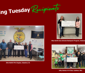 Compeer Financial received nearly 4,000 nominations for rural organizations for the Giving Tuesday contest. Winners chose the following organizations to receive $2,500 each: Illini Bluffs FFA Chapter, Glasford, Ill.; Blue Earth Area Schools Backpack Program, Delevan, Minn.; and Jolly Joiners 4-H Club, Cashton, Wis. Image courtesy of Compeer Financial.