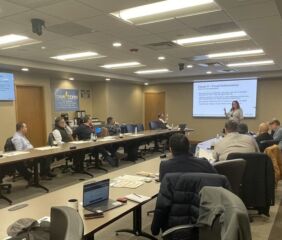 The U.S. Grains & BioProducts Council (USGBC) recently worked with a major agribusiness based in Mexico to provide training for its staff to facilitate U.S. corn purchases. Pictured, the team listens to a presentation from the North American Export Grain Association (NAEGA). Image courtesy of USGBC.
