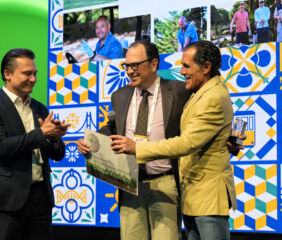 Incotec's Bruno Hoeltgebaum, Eduardo Negre and Antonio Villarroel accept the cheque for 5000 euro’s, to be donated to Càritas Diocesana de Barcelona. Photo credit: Incotec.