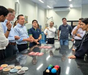 Croda President of Life Sciences Thomas Reiermeir, Incotec Global Business Director Bruno Hoetgebaum and Croda Non-Executive Director Nawal Ouzren at the updated labs with members of the team from Incotec Brazil. Photo credit: Incotec.
