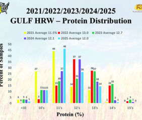 This table provides comparison details about the protein distributions of the HRW crop from 2021 to present. Results shown are from the Gulf tributary area. Graphics by Plains Grains Inc.
