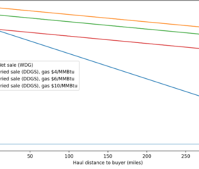 Figure 1. Netback comparison for the sale and delivery of WDG and DDGS. Under the assumptions used here, WDG is favored at shorter distances, while drying becomes more competitive as the market radius expands. However, higher natural gas prices push the drying option downward and move the break-even point farther out.