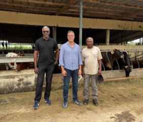 U.S. Grains & BioProducts Council Consultant for Senegal Daouda Guindo (left) and USGBC Deputy Regional Director for Africa Mohamed Salah Bouthour (middle). Photo credit: U.S. Grains & BioProducts Council.