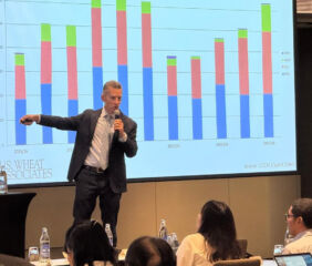 Joe Sowers, USW Regional Vice President for South and Southeast Asia, presents at the technical milling seminar in Bangkok, Thailand. Photo credit: U.S. Wheat Associates.