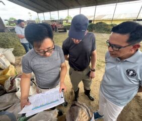 The U.S. Grains & BioProducts Council's (USGBC's) regional office for Southeast Asia & Oceania (SEA&O) is working to help expand the region's dairy sector through training and nutritional advancements. Pictured, USGBC Consultant Dr. Walter Chen (left) and USGBC Consultant Dr. Todd Meyer (middle) discuss feed formulations at a dairy farm in Maramag, Philippines. Image courtesy of the U.S. Grain and BioProducts Council.