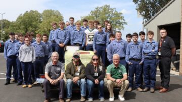 Sitting on the trailer: Tony McCord, Supervisor; Jason & Stacie Harrington, Owners of Burnin’ Wire Fab Shop, LLC in Montpelier; and Rick Bachman, Director of Education. Students surrounded the trailer full of donated materials. Far Right - Jacob Kraegel, Junior Welding Fabrication Instructor, and Middle Back Row - Chris Zacharias, Senior Welding Fabrication Instructor