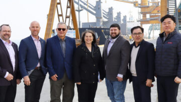 The USW North Asia Board Team pauses for a photo at the Pyeongtaek-Dangjin Port, a major international trade port located south of Seoul, South Korea. The Board Team is made up of wheat farmers from Kansas, North Dakota and Montana, along with USW Director of Communications Julia Debes. This part of the journey was hosted by USW Country Director in South Korea Channy Bae (second from right). Photo credit: U.S. Wheat Associates.