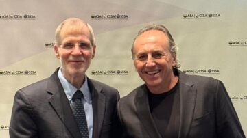 Bruno Basso (right) accepts the Soil Science Research Award. He is pictured with past president of the SSSA, Michael Thompson. Image courtesy of MSU.