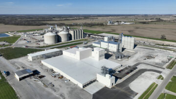 An aerial view shows Bunge’s new $550 million soy protein 
concentrate facility in Morristown, Ind., alongside the company’s existing soybean crushing and refining operation. The new facility opened in May and is expected to process approximately 4.5 million bushels of soybeans annually.