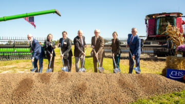 From left to right: U.S. Representative Derrick Van Orden (Wisconsin); Ambassador Julie Callahan, Office of the U.S. Trade Representative; USDA Deputy Secretary Stephen Vaden, CHS President and CEO Jay Debertin; Wisconsin Governor Tony Evers; Evansville Mayor Abbey Barnes; and CHS Executive Vice President Ag Business and CHS Hedging John Griffith. Photo credit: CHS.