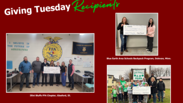 Compeer Financial received nearly 4,000 nominations for rural organizations for the Giving Tuesday contest. Winners chose the following organizations to receive $2,500 each: Illini Bluffs FFA Chapter, Glasford, Ill.; Blue Earth Area Schools Backpack Program, Delevan, Minn.; and Jolly Joiners 4-H Club, Cashton, Wis. Image courtesy of Compeer Financial.
