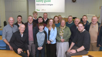 A group photo of members of the Organic Mayo Knowledge Transfer Group at the launch of a collection of farm safety tools in Westport. Image courtesy of Teagasc.