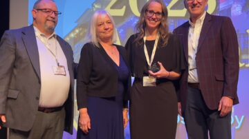 From left: Evan Trump, Paula Fetherston (accepting NAMA Honorary Member Award on behalf of Dan Fetherston), Andrea Vauble, and NAMA Chair Tedd Kruse (ADM Milling and Baking Solutions).