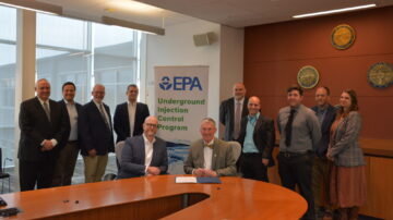 EPA Region 7 Administrator Jim Macy and members of the EPA Region 7 Water Division Underground Injection Control Program team gathered for the issuance of the first Class VI well permit in Kansas to the PureField Ingredients leadership team. Photo credit: U.S. EPA.
