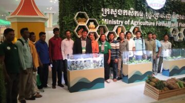 Fish farmers join the WISHH-Cambodian Aquaculturist Association study tour to the Food and Agriculture Organization of the United Nations' Cambodia Agriculture Forum CAFE25. WISHH used USDA Regional Agricultural Promotion Program funding to work with the CAA for the tour that resulted in the farmers seeing new ways to improve their fish production, meet with soy-based feed manufacturers and more. Image courtesy of the American Soybean Association.