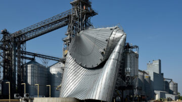 A powerful storm produced strong winds on June 20, 2025, that heavily damaged this grain bin at the elevator in Eldridge, N.D. (Dan Koeck/For the North Dakota Monitor)
